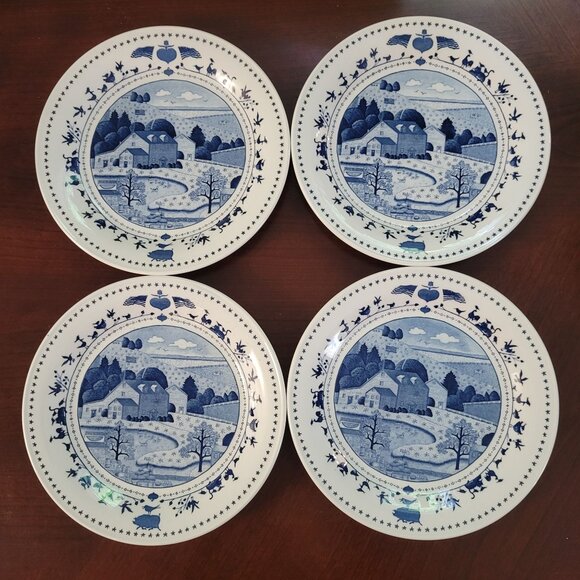 Charlie Wysocki Americana Plates Nikko 8" Set Of 4 Blue & White Porcelain - Picture 1 of 4